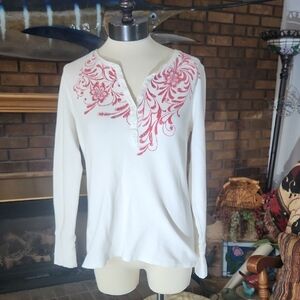 Eddie Bauer White Henley Thermal Size Large 100 % Cotton Y2k